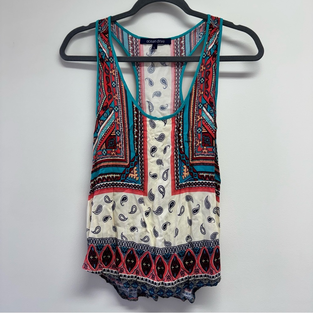 Ocean Drive Cream Tank Top with Red and Teal Boho Print Size L